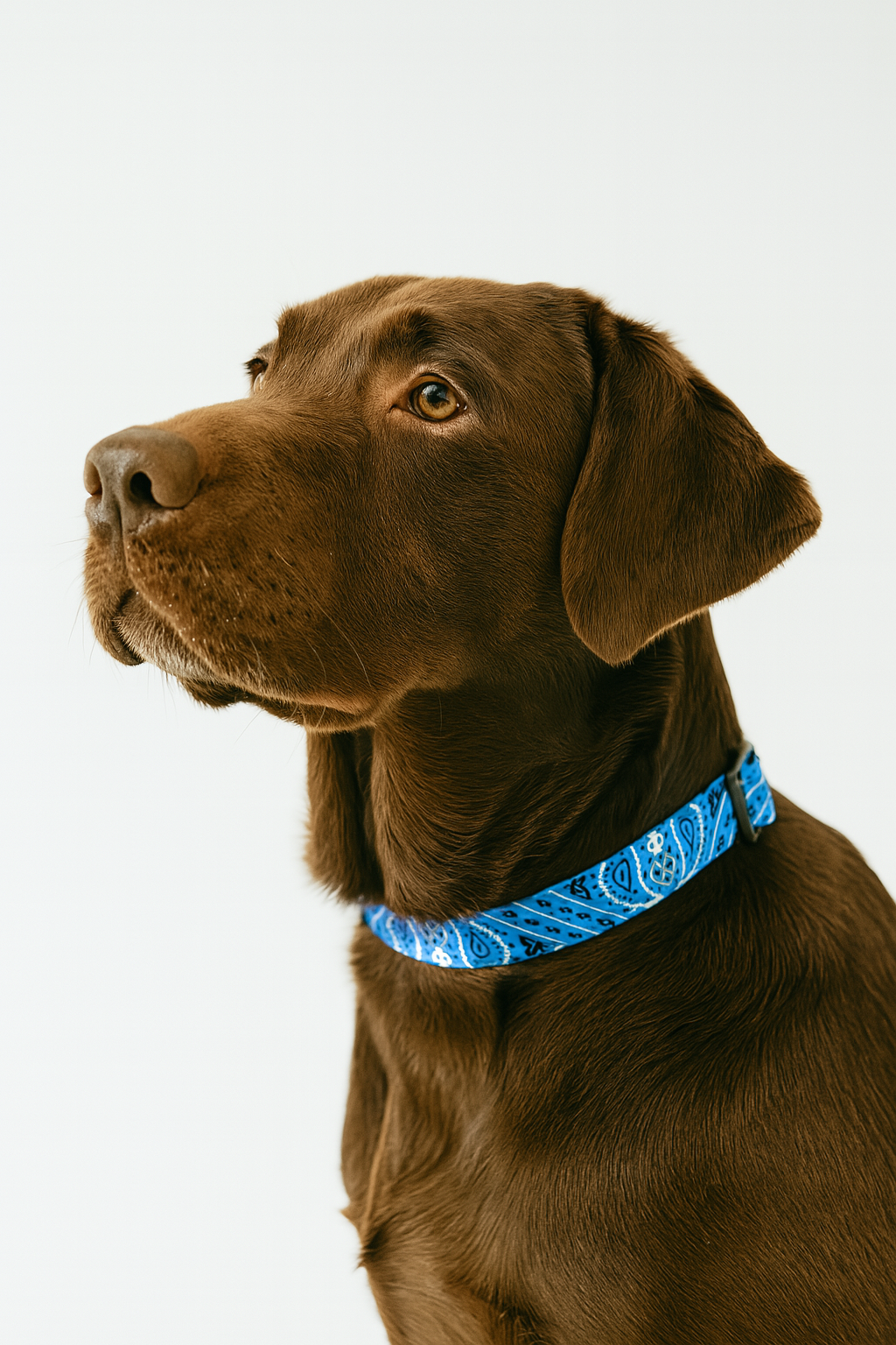 Brown dog wearing a blue collar on a white background