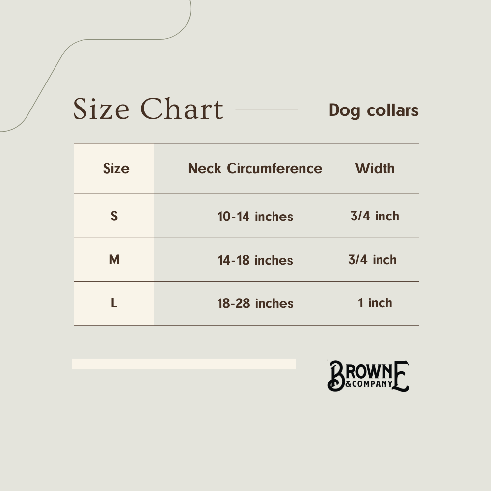 Size chart for dog collars with neck circumference and width specifications, branded as Browne & Company.