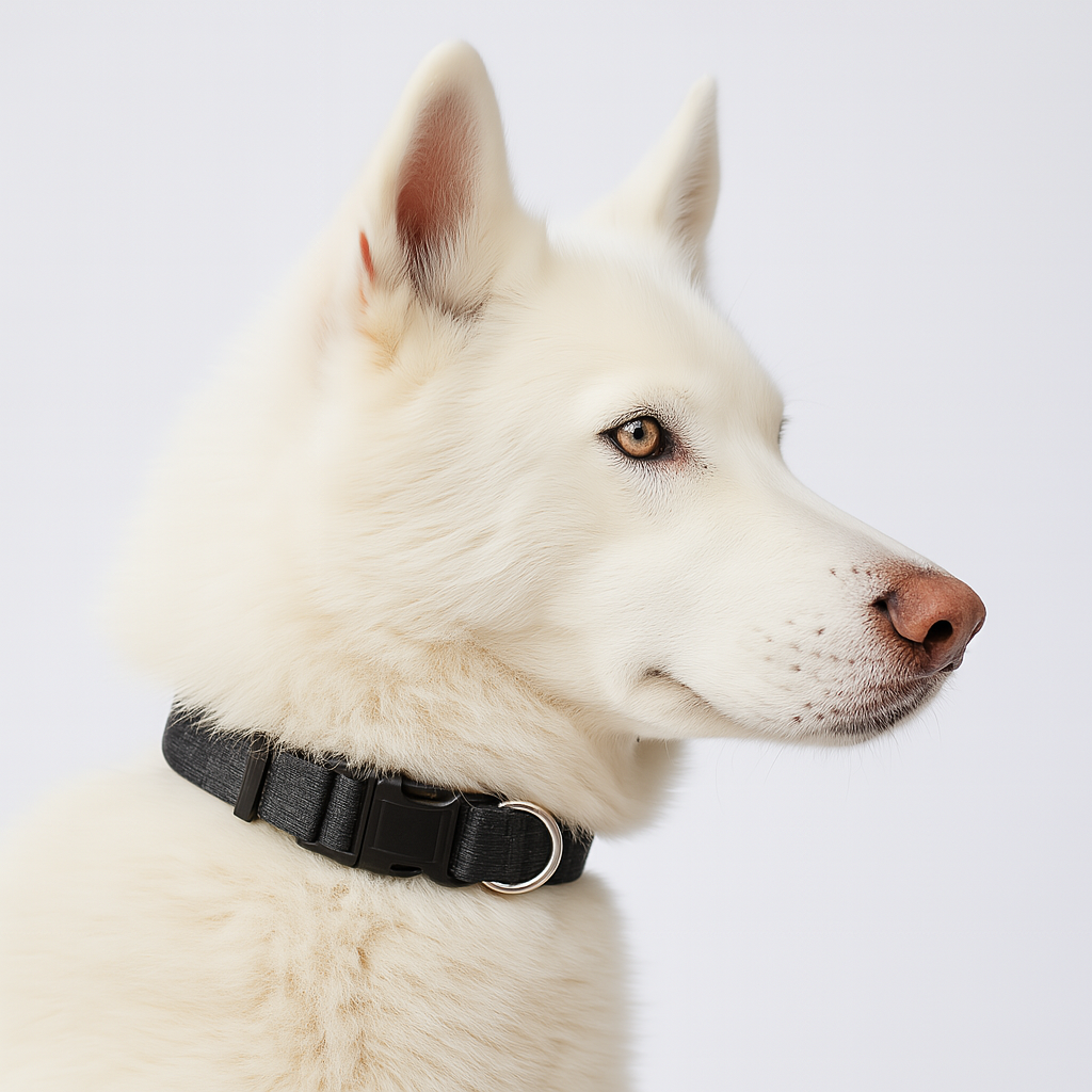 White dog wearing a black collar on a light gray background