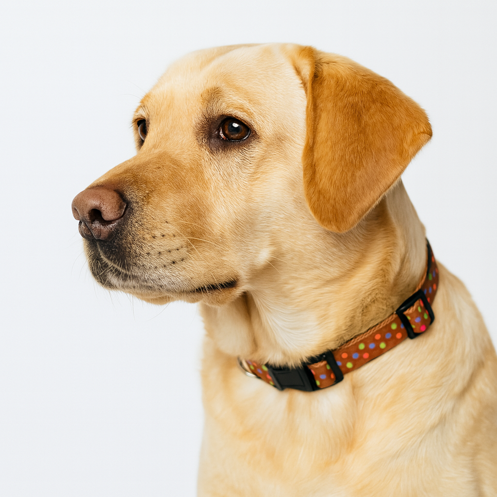 Dog wearing a colorful collar on a white background