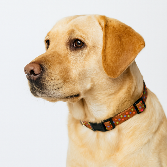 Dog wearing a colorful collar on a white background