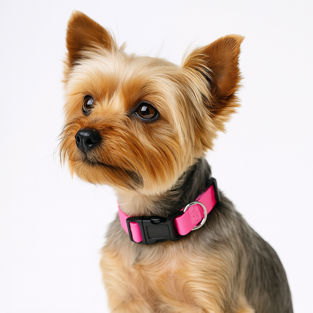 Small dog wearing a pink collar on a white background