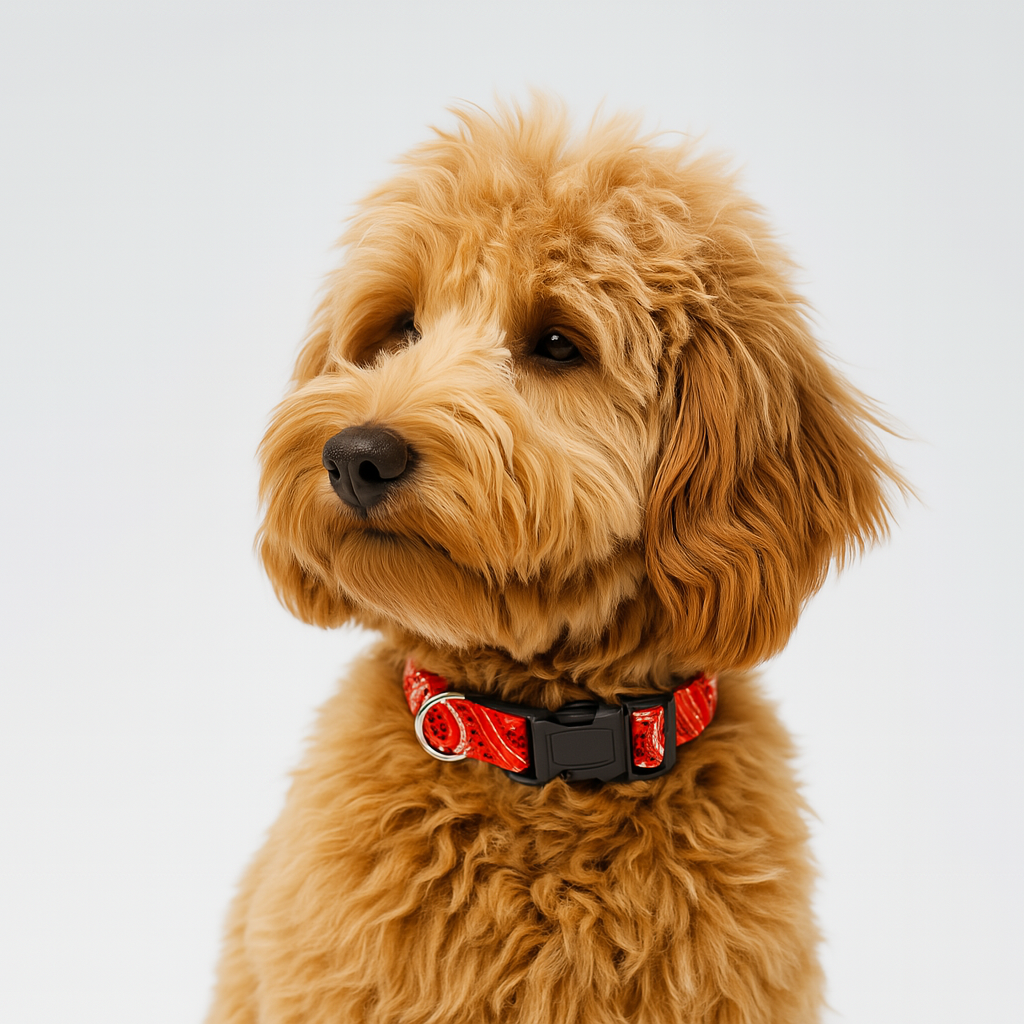 Brown dog wearing a red and black collar on a light gray background