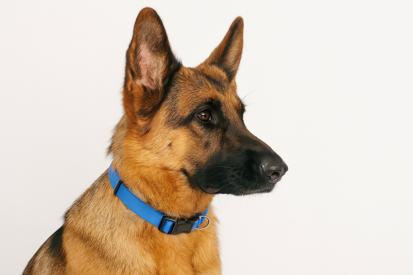 German Shepherd wearing a blue collar on a white background
