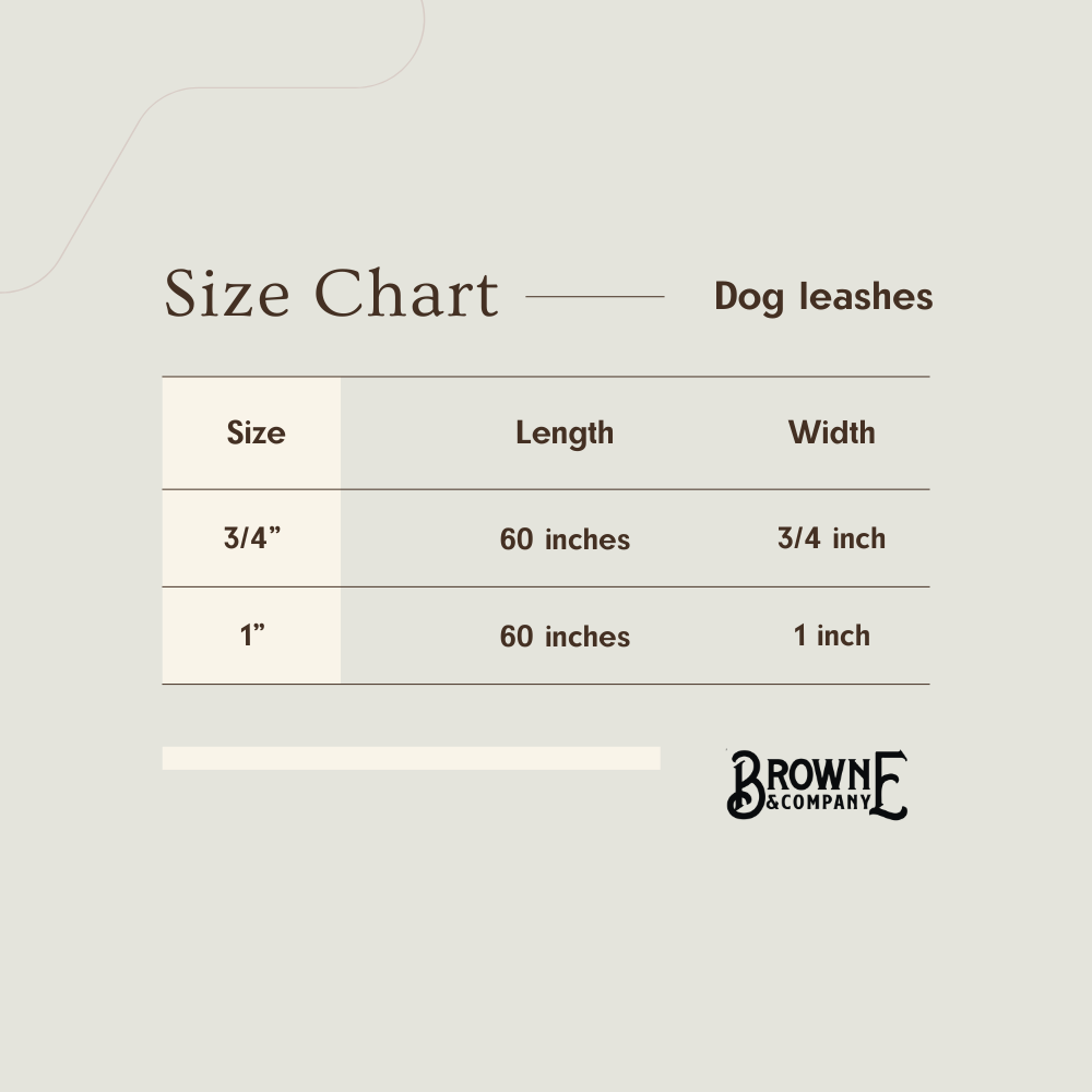 Size chart for dog leashes with dimensions on a light gray background